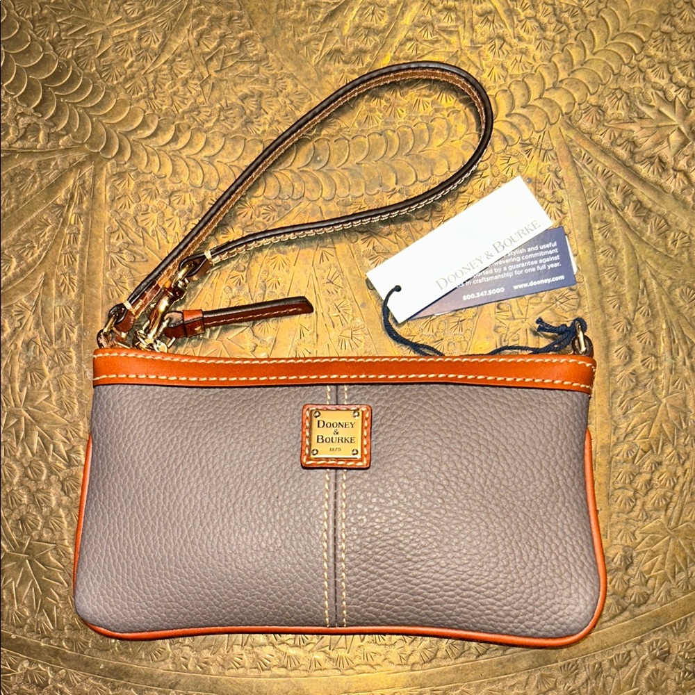 Authentic Dooney & Bourke Gray and Tan Leather Large Slim Wristlet- New w/ Tag!